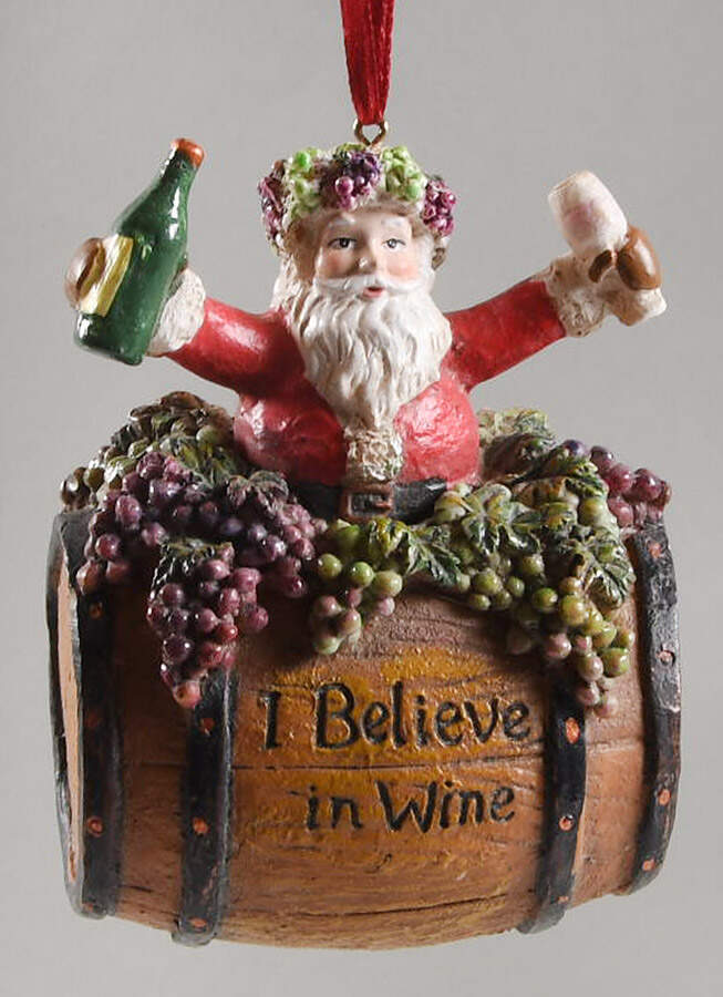 Tuscan Christmas-Vineyard Santa On Barrel-I Believe In Wine - No Box by Kurt Adler-1