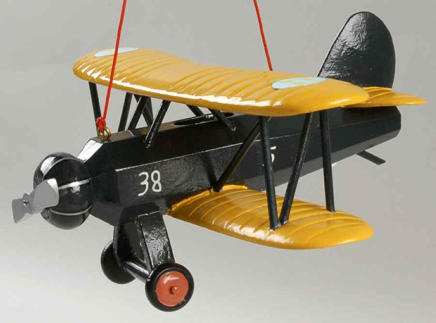 Kurt Adler Christmas Ornament Black & Yellow Wooden Airplane - Boxed by Kurt Adler-1