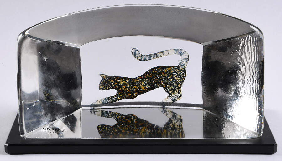 Kosta Boda Figurines Cat-Black, Gold In Clear Block - No Box by Kosta-Boda-1