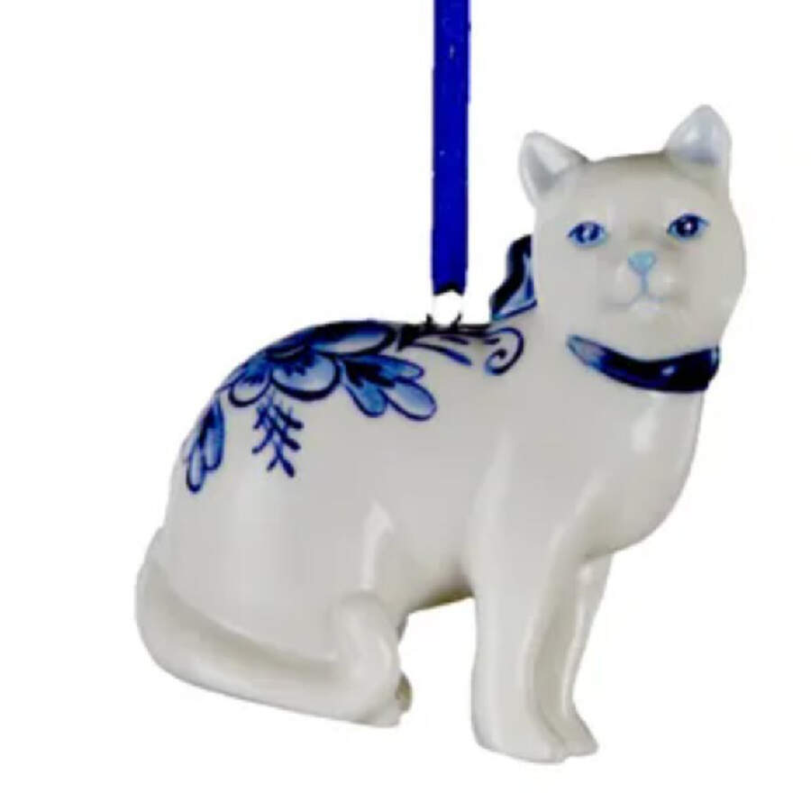China & Lace - Delft Blue Cat Sitting - No Box by Kurt Adler-1