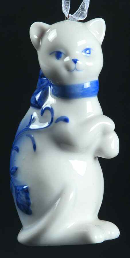 China & Lace - Delft Blue Cat Ornament Paws Up - No Box by Kurt Adler-1