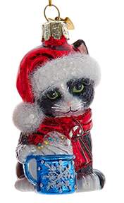 Pet Parade (Bown Glass) Kitten With Hot Cocoa-Black & White - No Box by Kurt Adler-1