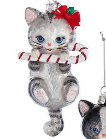Pet Parade (Bown Glass) Cat With Candy Cane-Gray - No Box by Kurt Adler-1