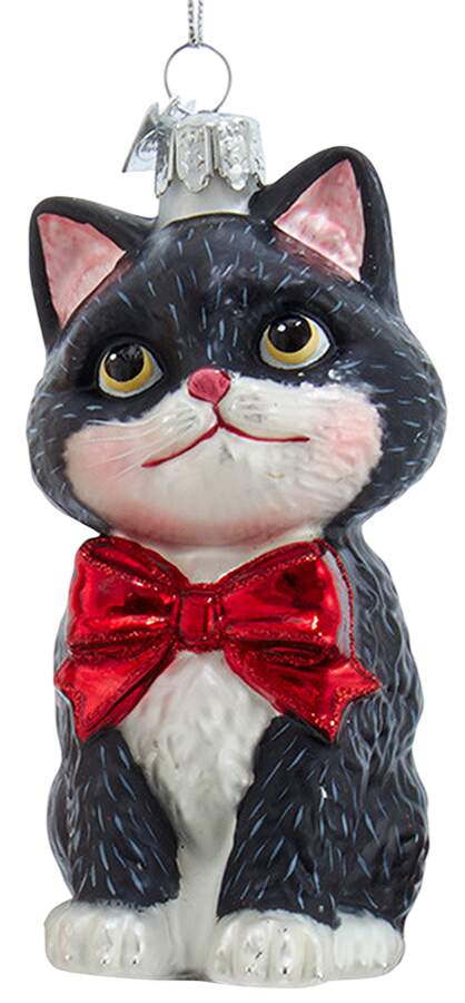 Pet Parade (Bown Glass) Black & White Cat With Red Bow - No Box by Kurt Adler-1