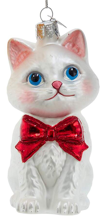 Pet Parade (Bown Glass) White Cat With Red Bow - No Box by Kurt Adler-1