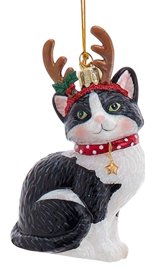 Pet Parade (Bown Glass) Black & White Cat With Antlers - No Box by Kurt Adler-1