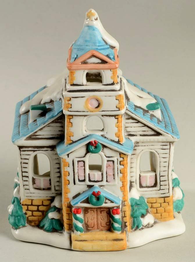 Colonial Village Blue Church-Votive Candle Holder - Boxed by Lefton-1