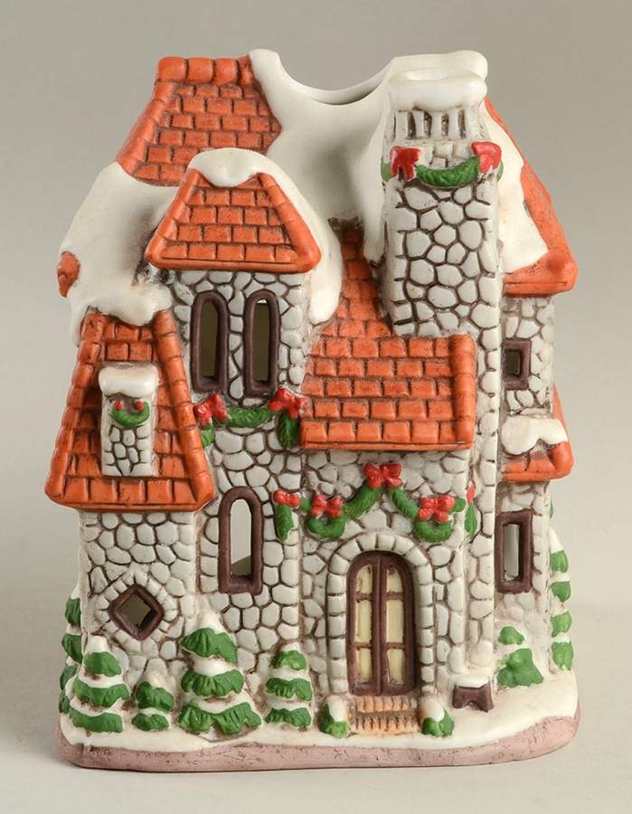 Colonial Village Stone House With Red Roof-Votive Candle  - No Box by Lefton-1
