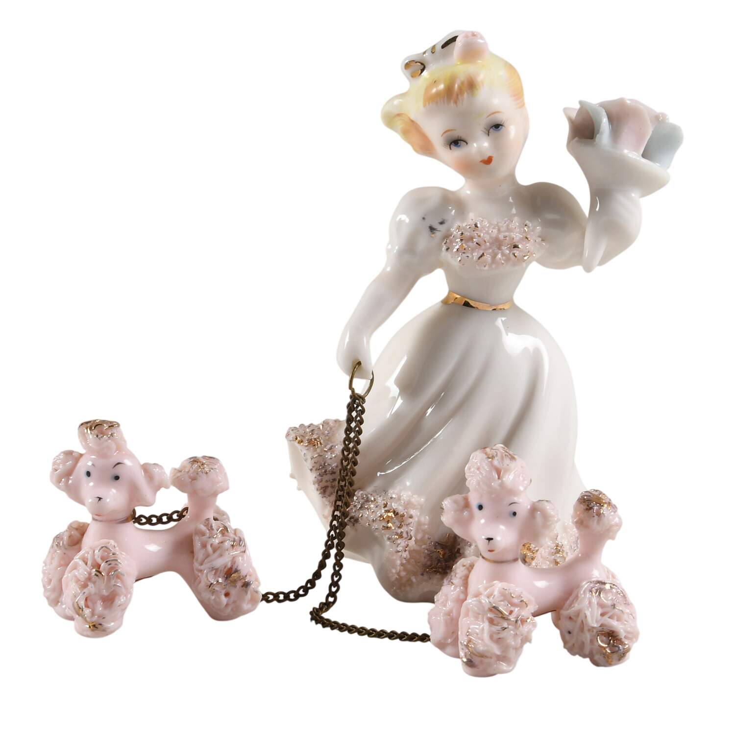 Lefton Figurines Girl W/Flowers & Pink French Poodles(2) - No Box by Lefton-1