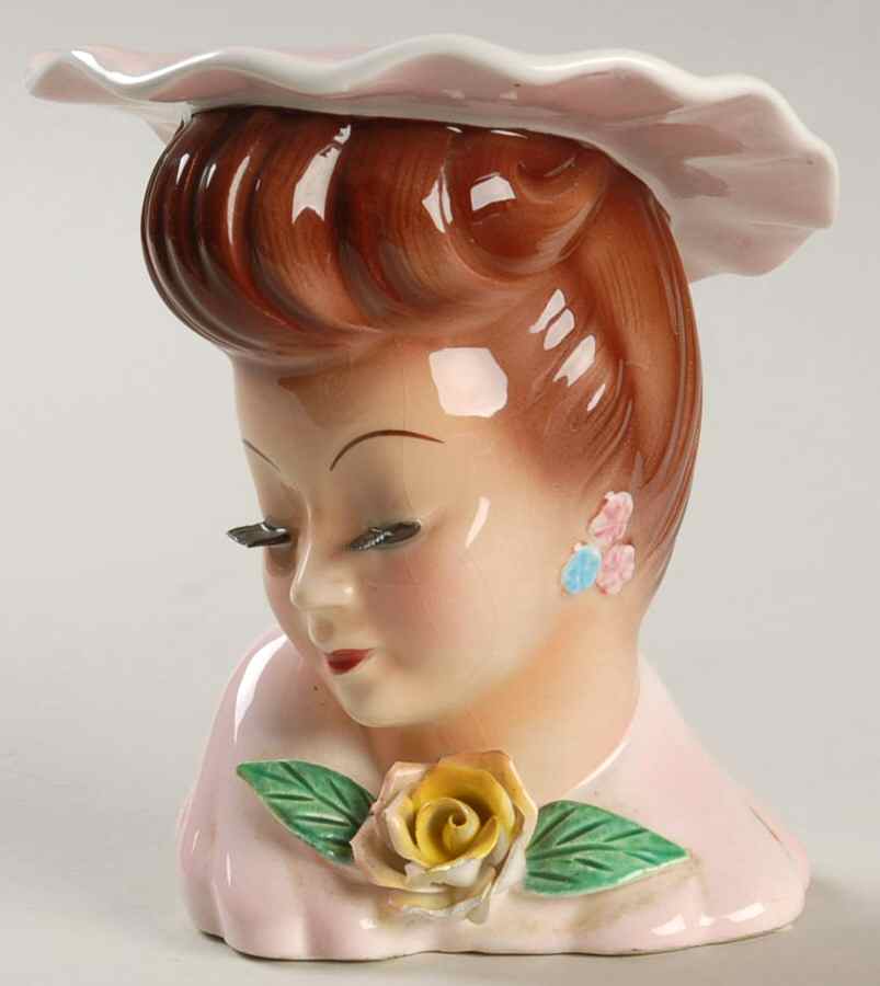 Lefton Head Vases Lady Pink Hat/Drs Yellow Rose - No Box by Lefton-1