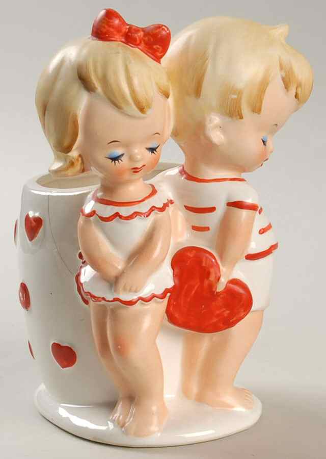 Lefton Head Vases Boy And Girl Red Hearts - No Box by Lefton-1