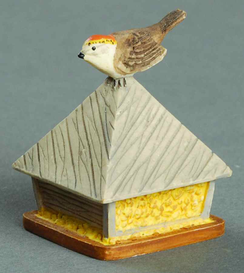 Garden Birdhouse Thimble Collection Golden Crowned Kinglet On Pyramid Feeder - Boxed by Lenox-1