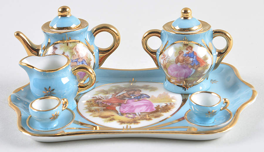 Limoges Miniature Figurines & Giftware Tea Set-Blue-6 Piece-Square Tray - No Box by Limoges-French-1