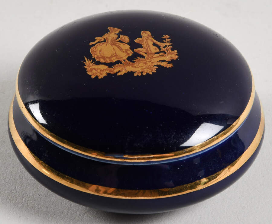 Limoges Miniature Figurines & Giftware Trinket Box- The Proposal-Blue/Gold Band - No Box 238 by Limoges-French-1