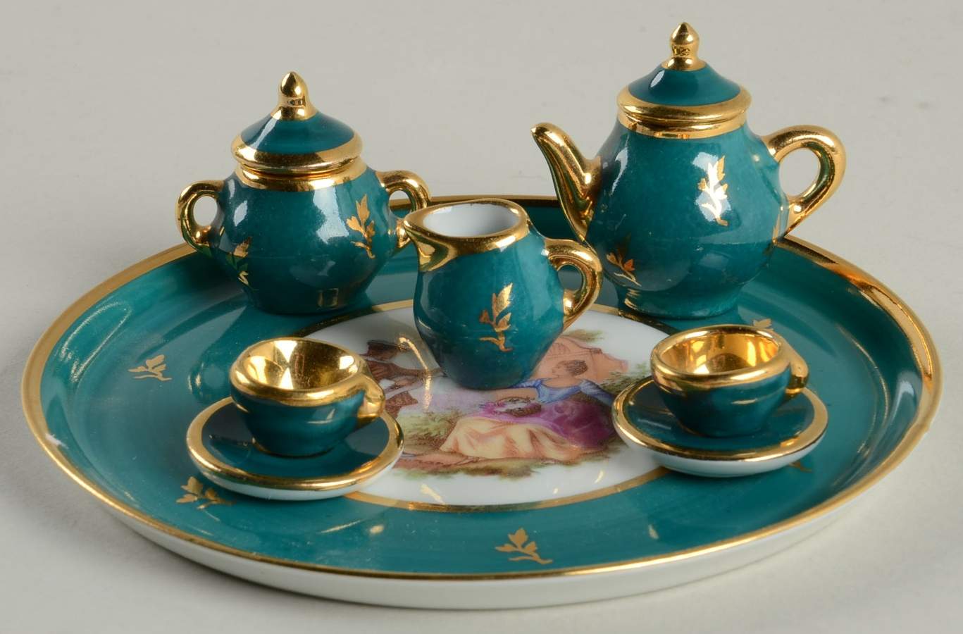 Limoges Miniature Figurines & Giftware Tea Set 6 Pc Turquoise Round - No Box by Limoges-French-1