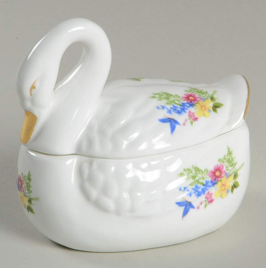LEFton Giftware Swan Covered Box-Blue Butterfly And Flow - No Box by Lefton-1