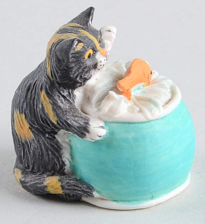 Victorian Parlor Kitten Thimbles Tortoiseshell Pawing Fish Bowl - No Box by Lenox-1