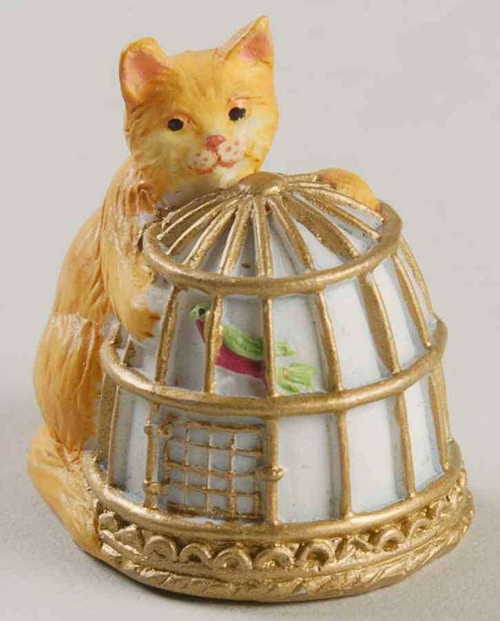 Victorian Parlor Kitten Thimbles Orange Tabby Peering In A Bird Cage - Boxed by Lenox-1