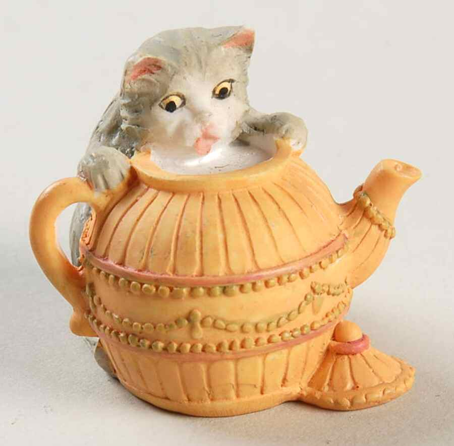 Victorian Parlor Kitten Thimbles Gray Tabby Peering In A Teapot - No Box by Lenox-1