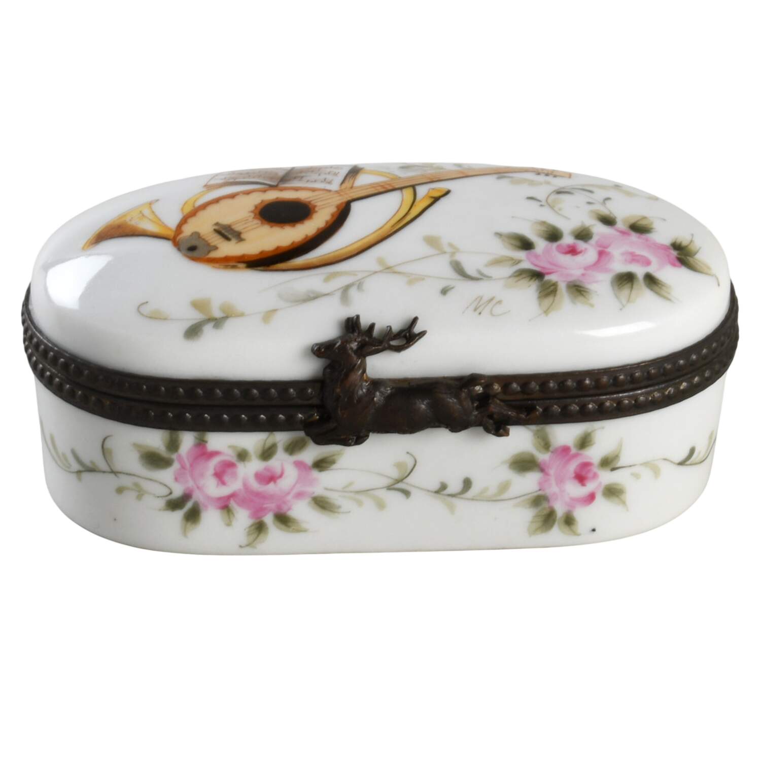 La Seynie Limoges Boxes Oval Box W/Instruments & Pink Roses - No Box by La Seynie Limoges-1
