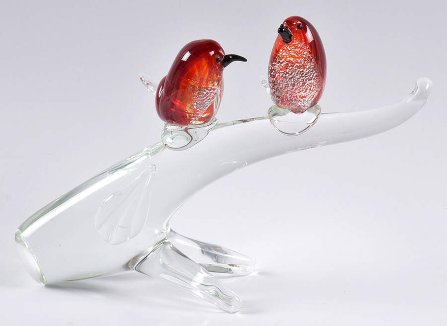 Murano Figurines Pair Of Red Birds On Branch - No Box by Murano Glass-1
