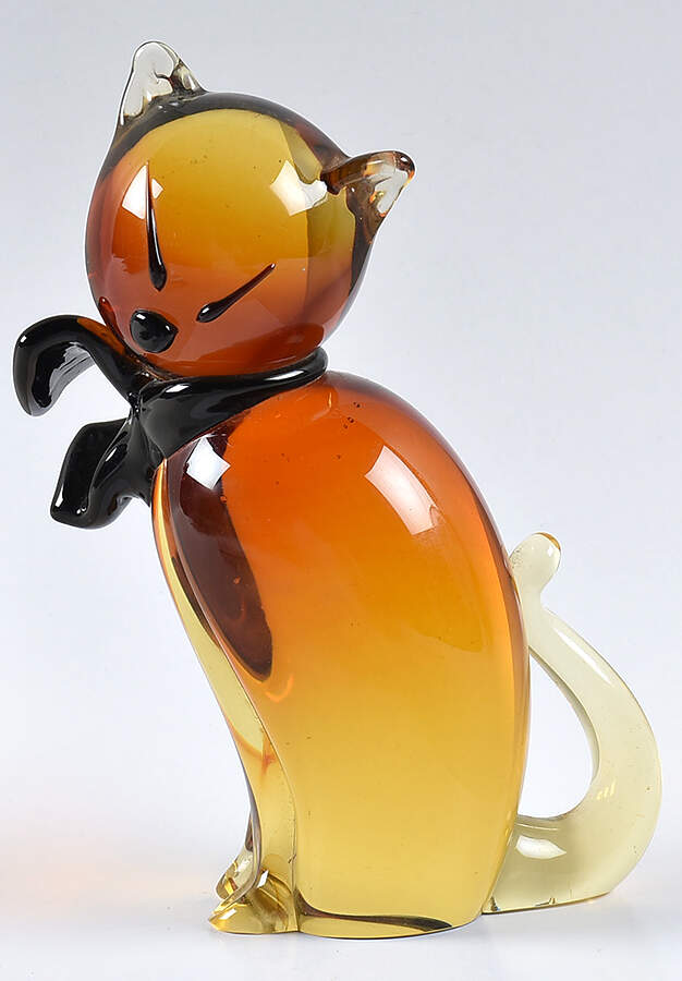 Murano Figurines Cat Amber With Black Scarf - No Box by Murano Glass-1
