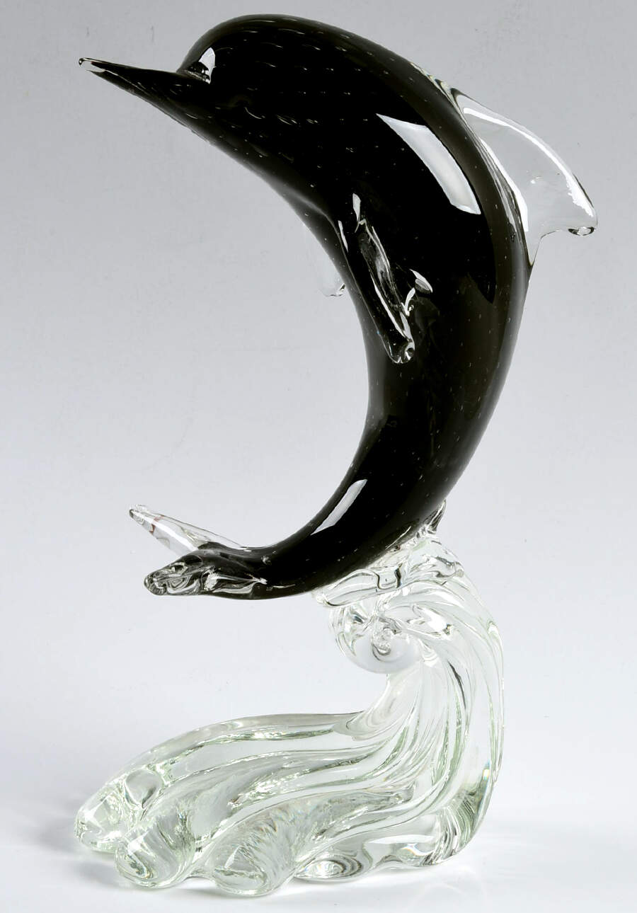 Murano Figurines Dolphin-Black On Clear Wave - No Box by Murano Glass-1