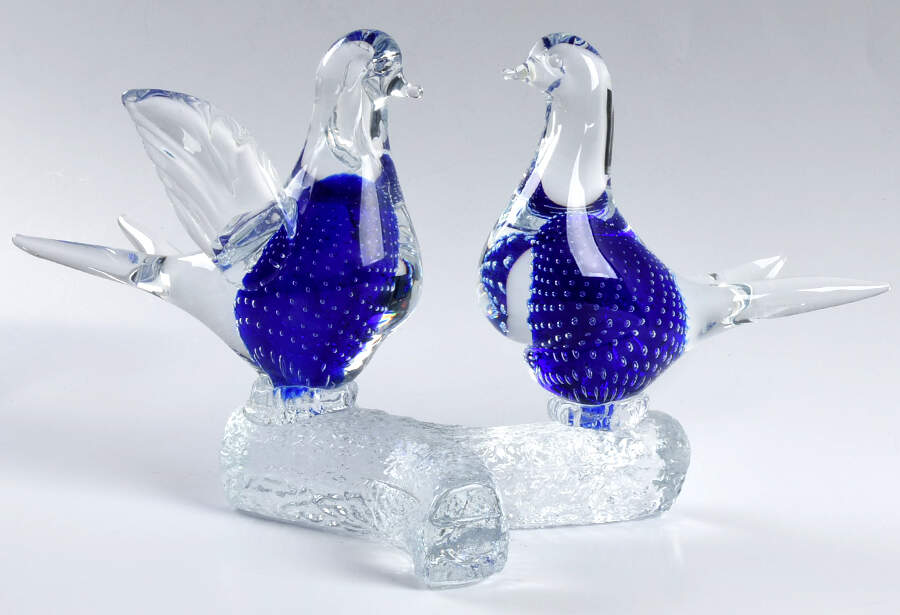 Murano Figurines Lovebirds On Branch Cobalt,Bubbles - No Box by Murano Glass-1