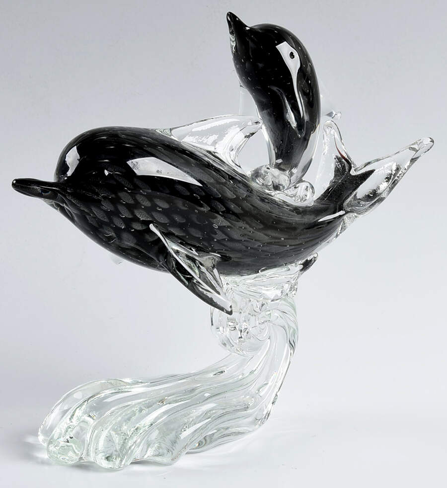 Murano Figurines Dolphin With Baby On Its Back-Black  - No Box by Murano Glass-1