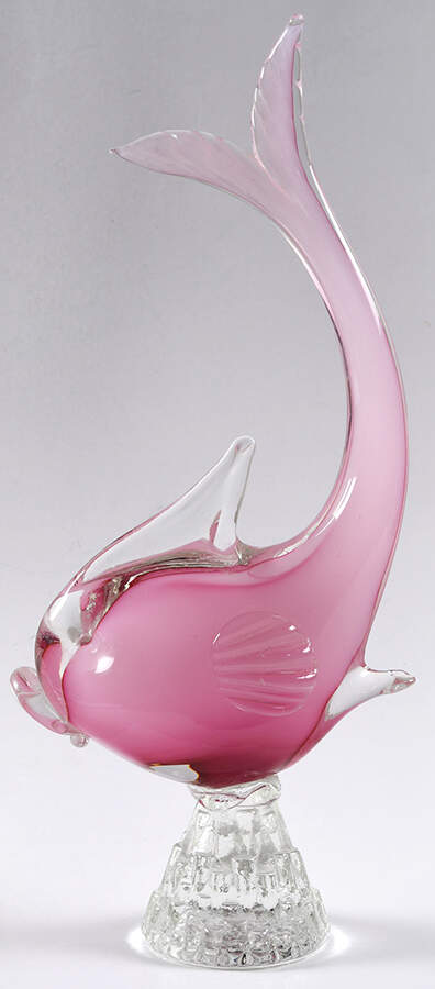 Murano Figurines Dolphin-Tail Up Pink,Clear Base - Nb680, No Box by Murano Glass-1
