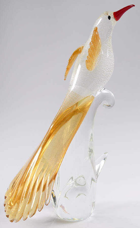 Murano Figurines Bird-Long Tail,Gold,White;Clear Base - Nb754, No Box by Murano Glass-1