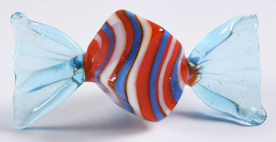 Candy Pieces Red Cube W/ Blue Stripes - No Box by Murano Glass-1