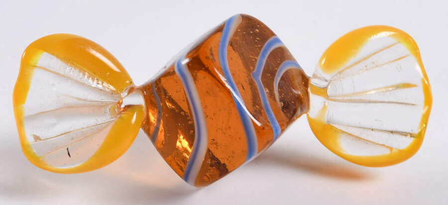 Candy Pieces Amber Cube W/ Blue Stripes - No Box by Murano Glass-1