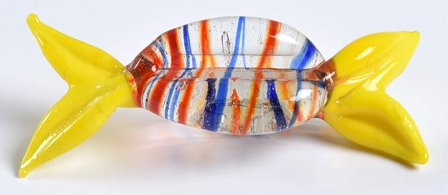 Candy Pieces Yellow Oval W/ Orange & Blue Stripes - No Box by Murano Glass-1