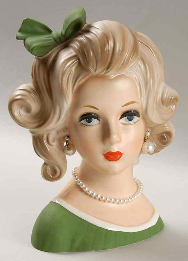 Napco Head Vases Grn Bow And Grn Dress Wht Trm - No Box by Napco-1