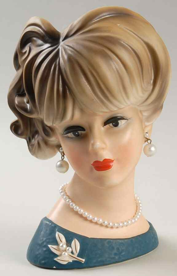 Napco Head Vases Blue Dress W/Leaves/Pearls - No Box by Napco-1