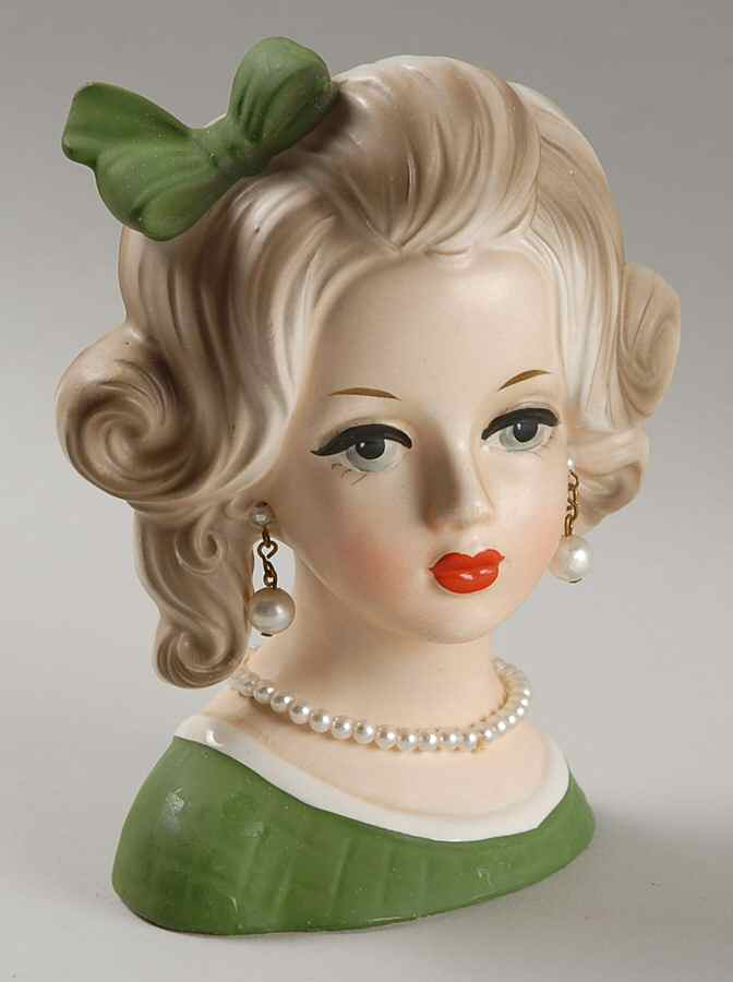 Napco Head Vases Grn Bow And Grn Dress Wht Trm - No Box by Napco-1