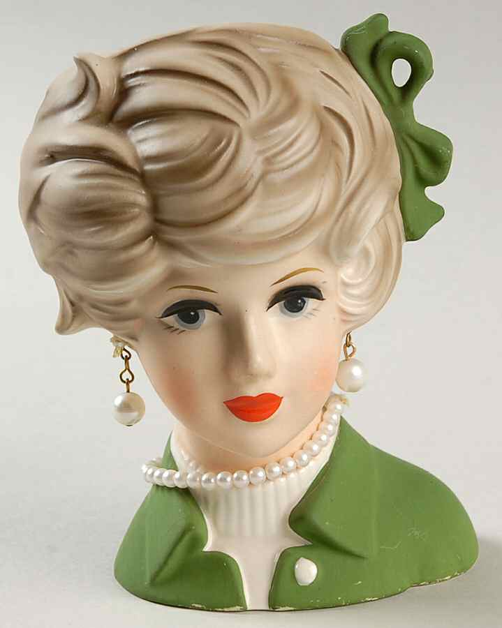 Napco Head Vases Blonde Grn Dress & Bow In Hair - No Box by Napco-1