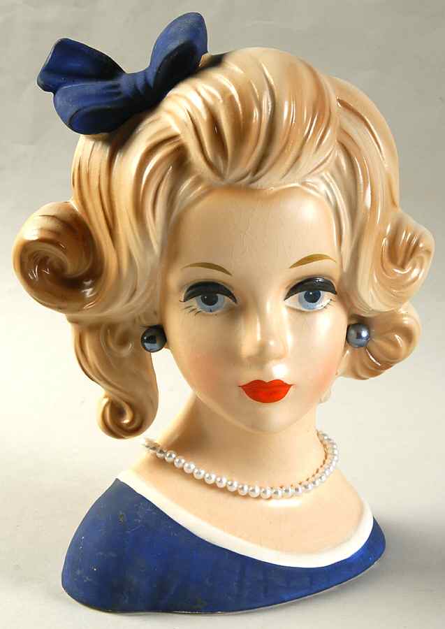 Napco Head Vases Blu Bow & Dress Wht Trm - No Box 42 by Napco-1