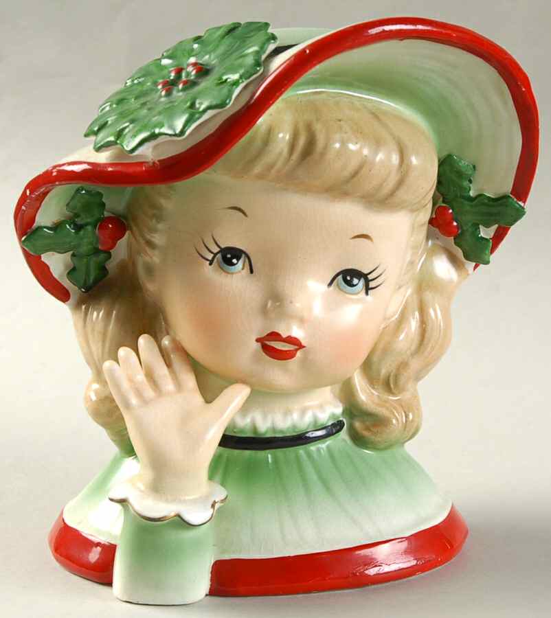 Napco Head Vases Christmas Girl Holly Red & Green - No Box by Napco-1