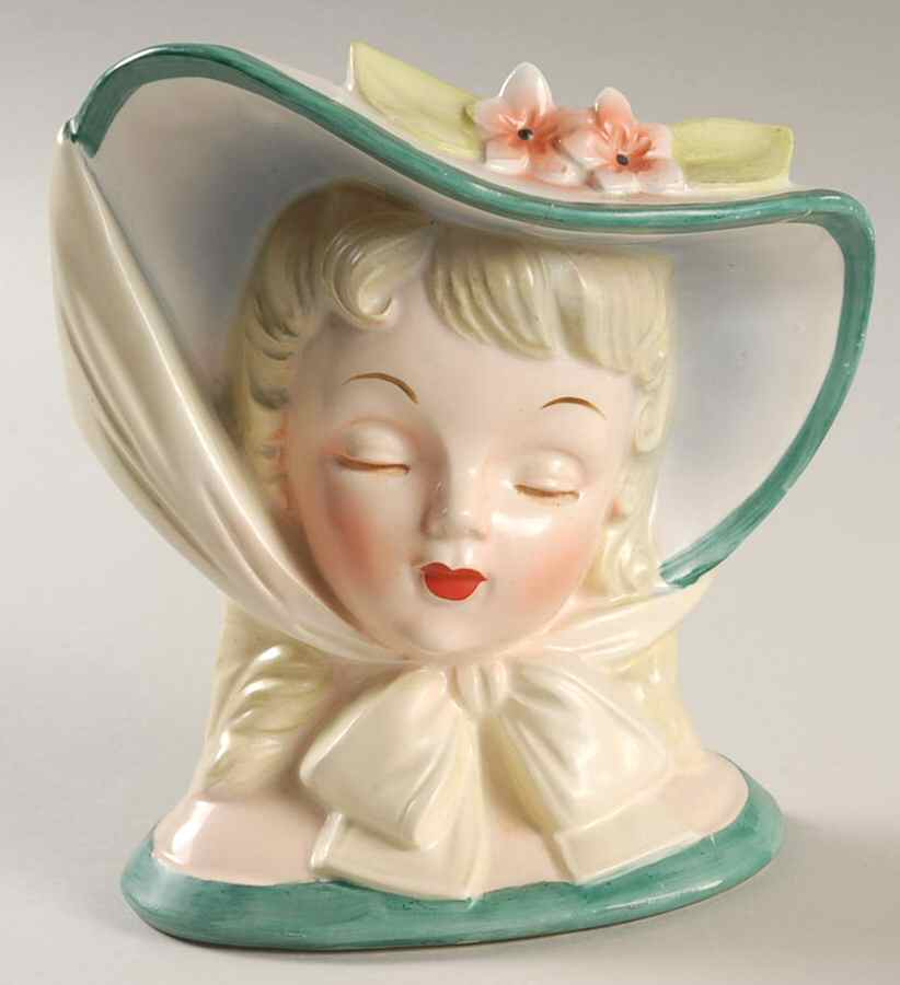 Napco Head Vases Lady Lg Hat/Ylw Bow/Grn Dress - No Box by Napco-1