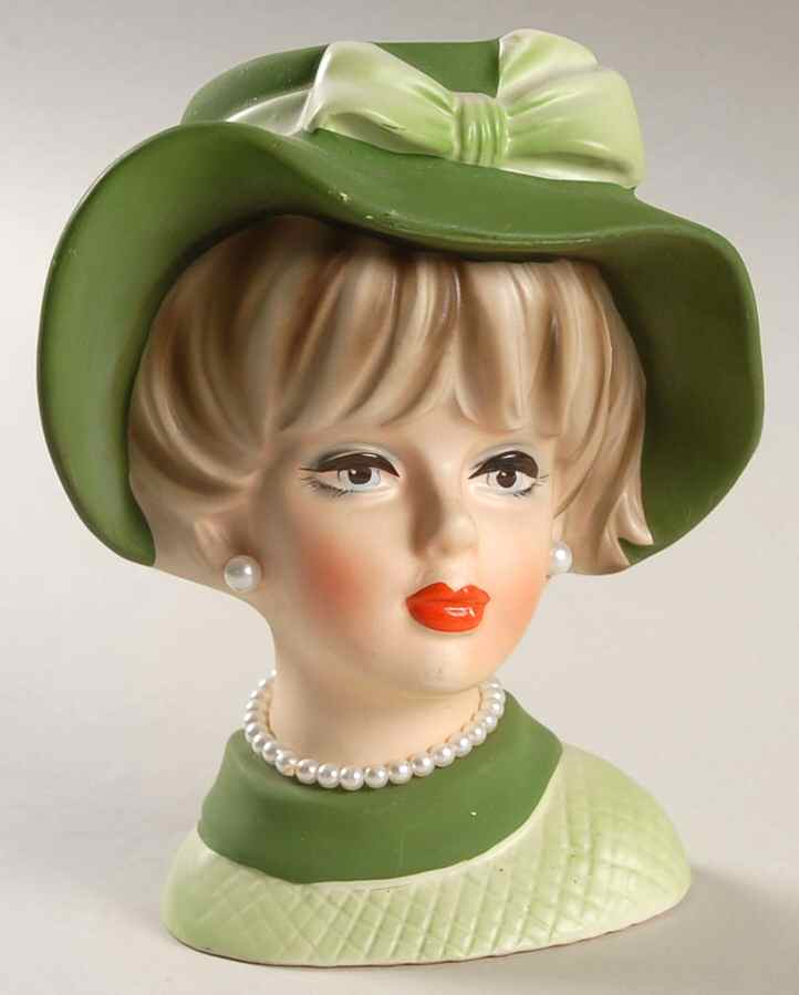 Napco Head Vases Lady Grn Hat/Dress Pearls - No Box by Napco-1