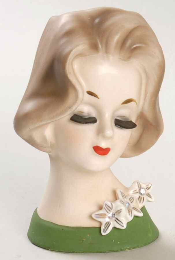 Napco Head Vases Lady Grn Dress 3 Star Flowers - No Box by Napco-1
