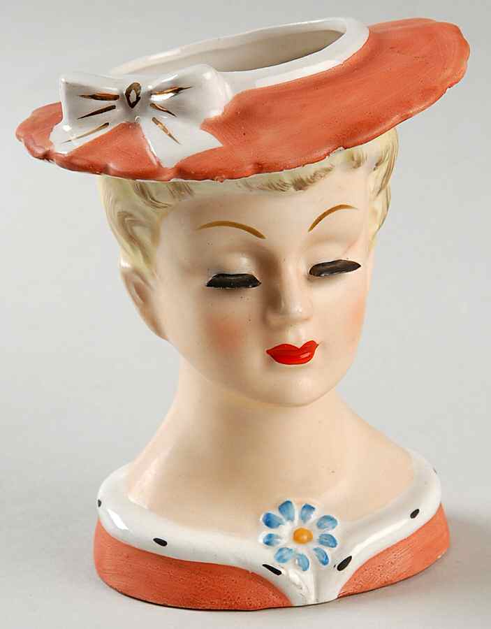 Napco Head Vases Lady Clsd Eyes Coral Hat&Drs - No Box by Napco-1