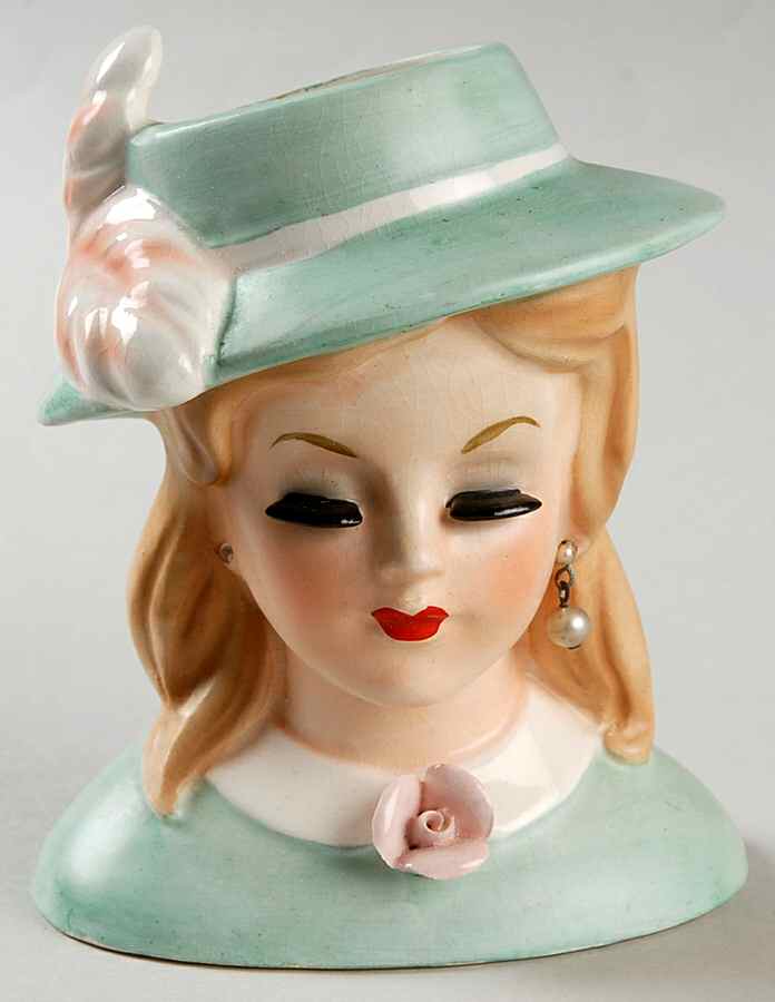 Napco Head Vases Teen Clsd Eys Grn Hat/Drs Rose - No Box by Napco-1