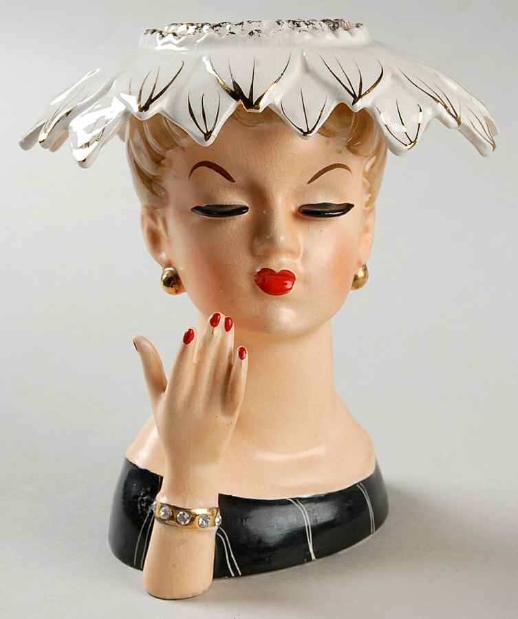 Napco Head Vases Lady Wht Fthr Style Hat Blk Dr - No Box by Napco-1