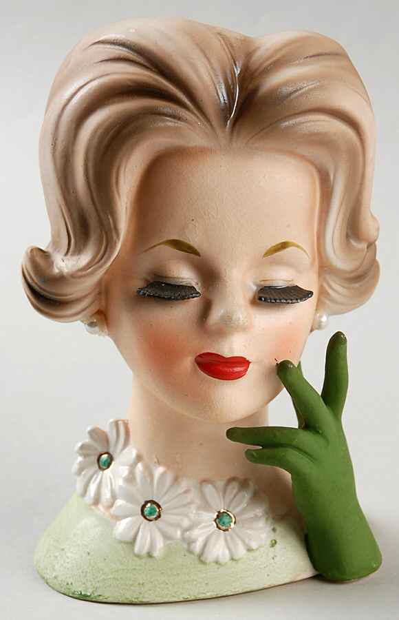 Napco Head Vases Lady Grn Glove/Flwr On Necklin - No Box by Napco-1