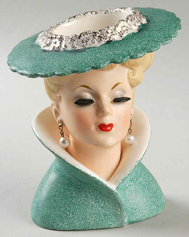 Napco Head Vases Lady/Aqua Hat/Drs Pearl Earrin - No Box by Napco-1