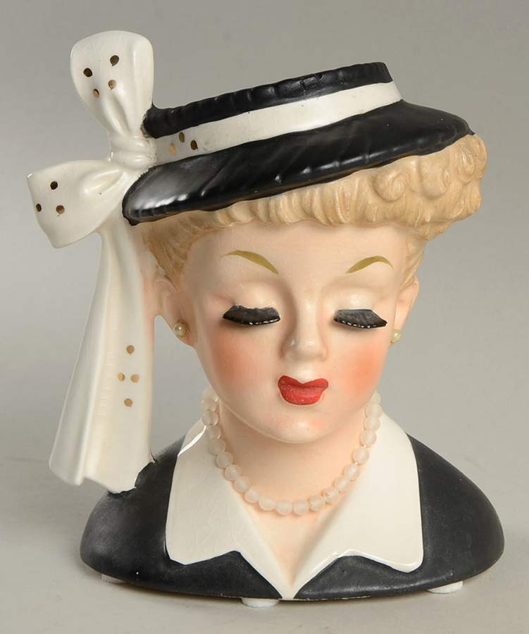 Napco Head Vases Lady Blk/Drs&Hat White Pearls - No Box by Napco-1