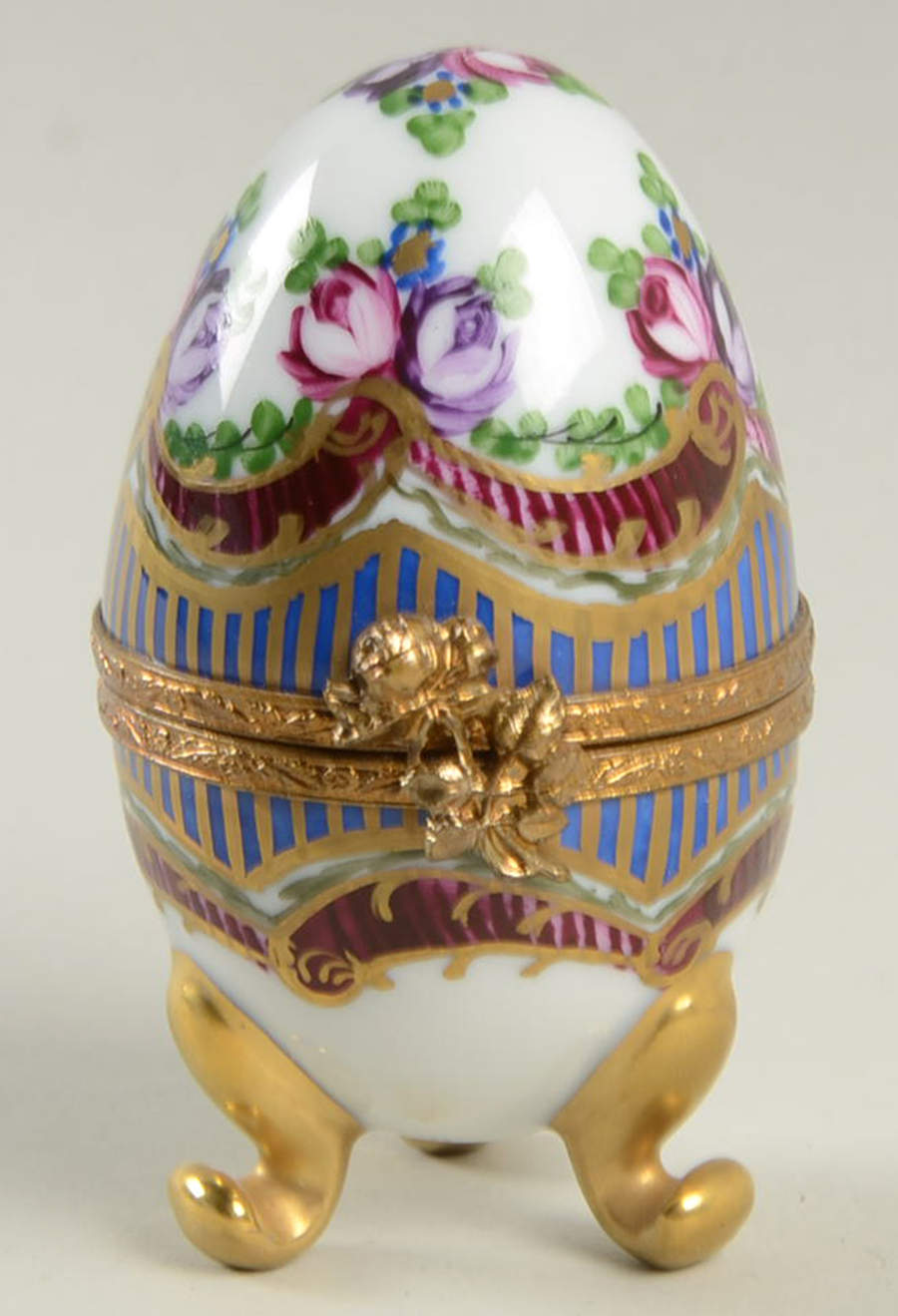 PEINT MAIN LIMOGES BOX Egg Box-Floral With Blue And Gold Stripe - Nb641, No Box by Peint Main-1
